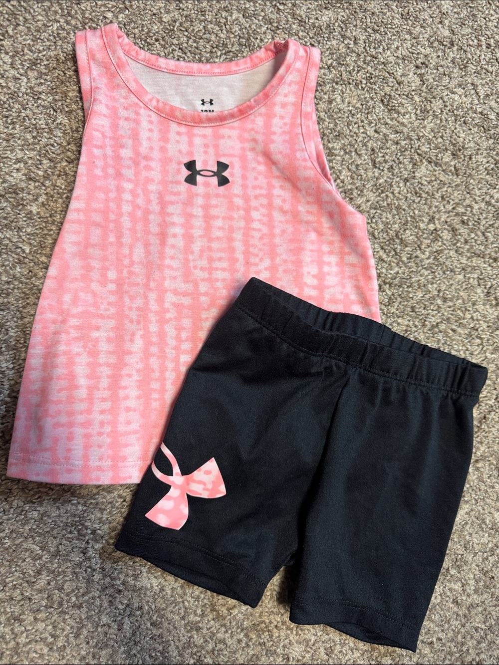 Under Armour Pink Patterned Tank with Black Athletic Shorts Girls 12months